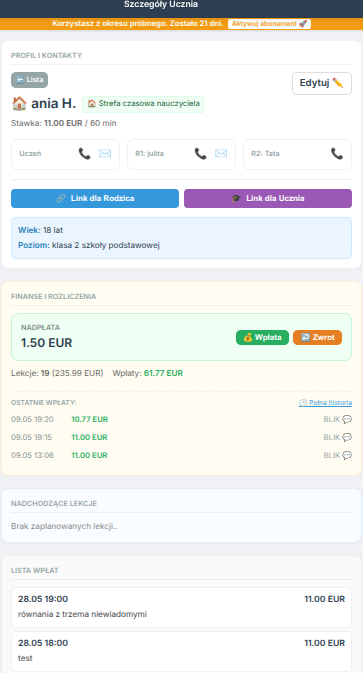 Karta ucznia — profil, finanse, historia lekcji